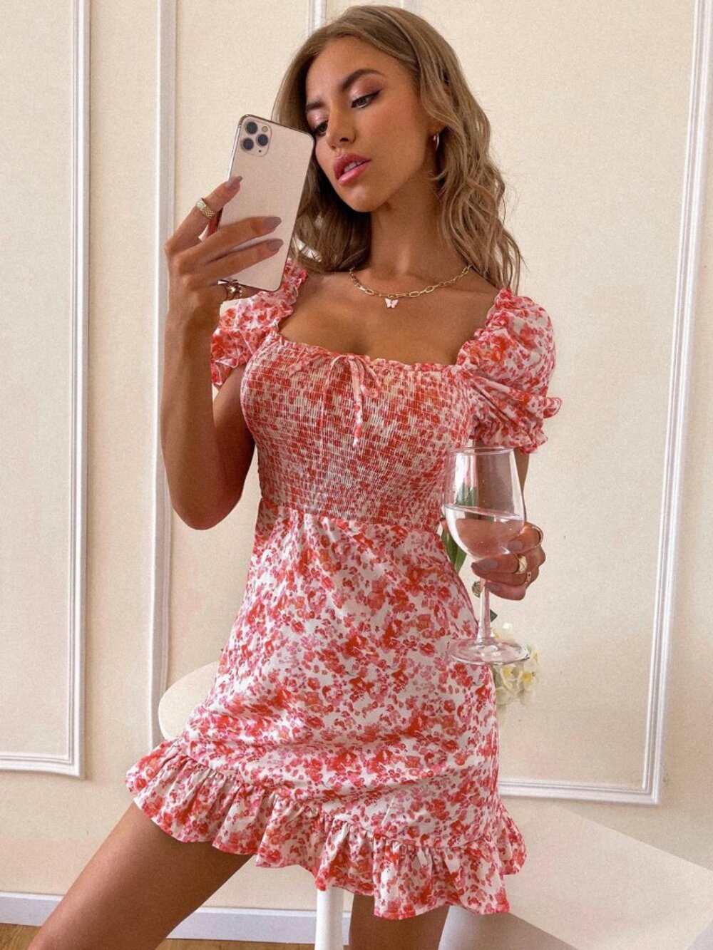 Red + Pink Floral Puff-Sleeve Summer Dress - Size: S